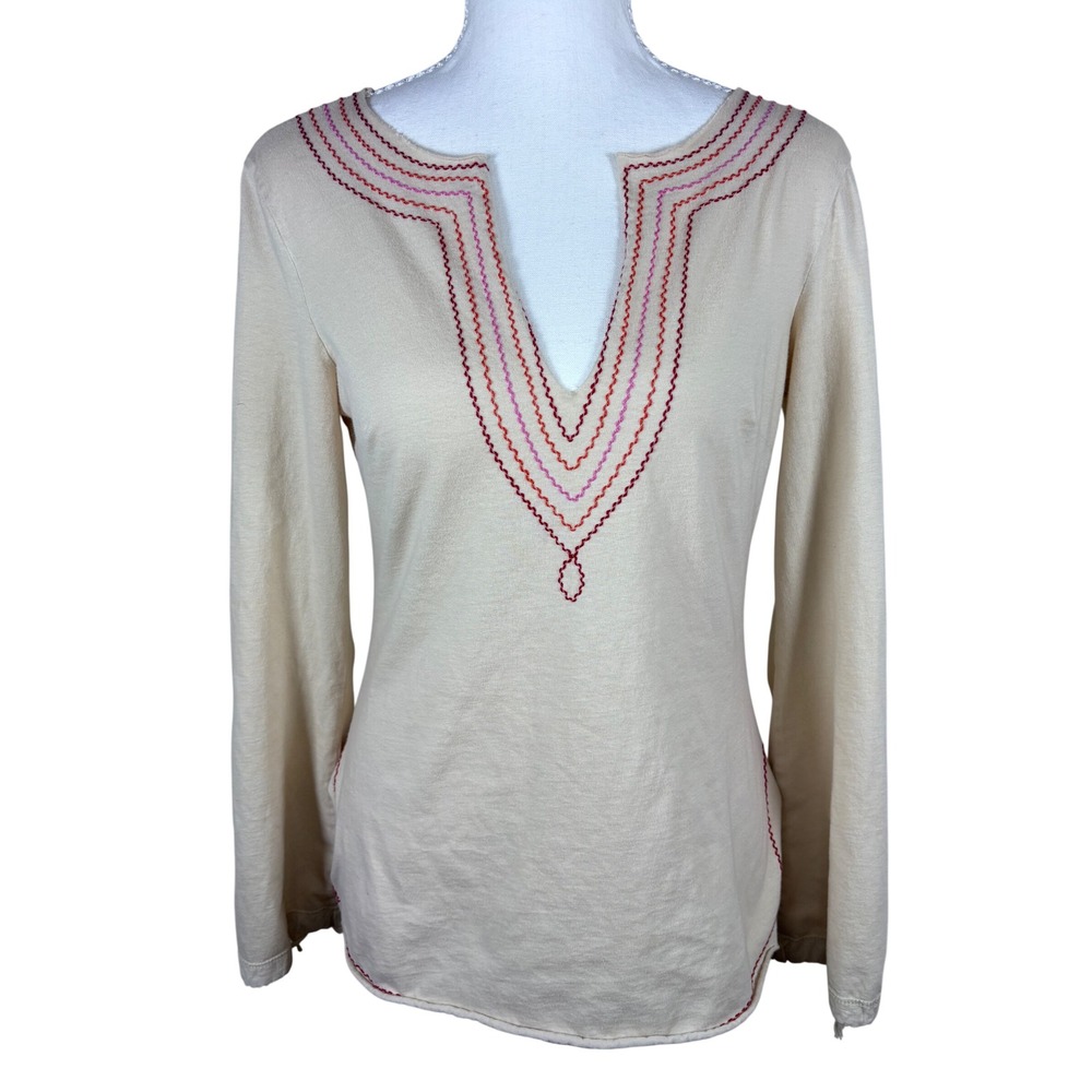 Vintage Y2K bebe Top S Made in USA khaki Embroidered Boho Long Sleeve 2000s - Picture 2 of 8